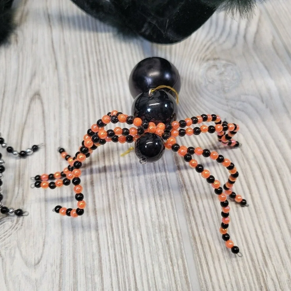 Unbranded Halloween Spider Decor Set Black Large Plush and Beaded Ornaments‎
